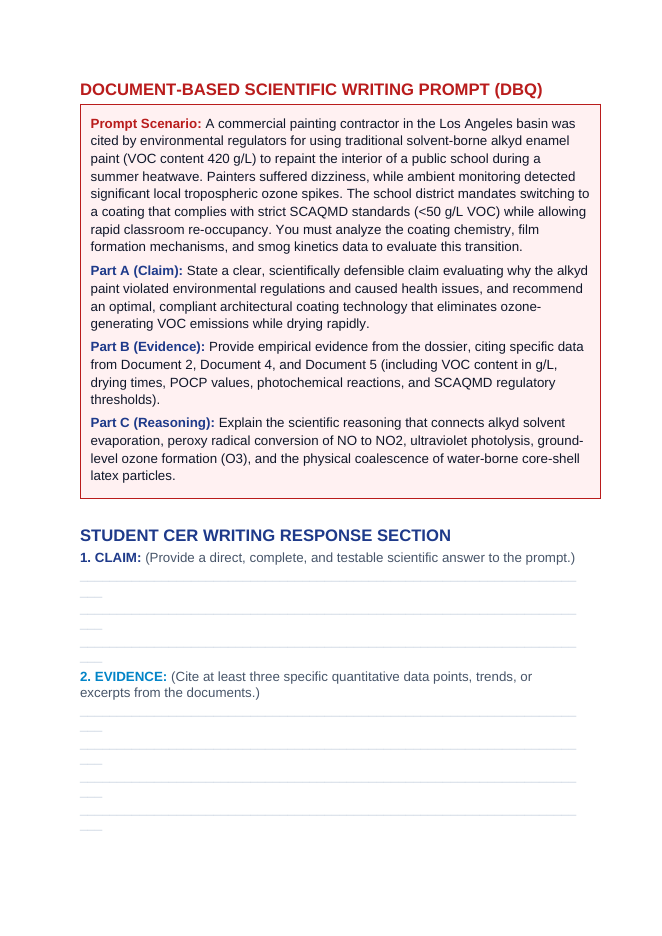 Architectural Coatings Chemistry: Acrylic Latex Film Coalescence, Crosslinking, and VOC Emission Mitigation CER Phenomena Worksheet sample page