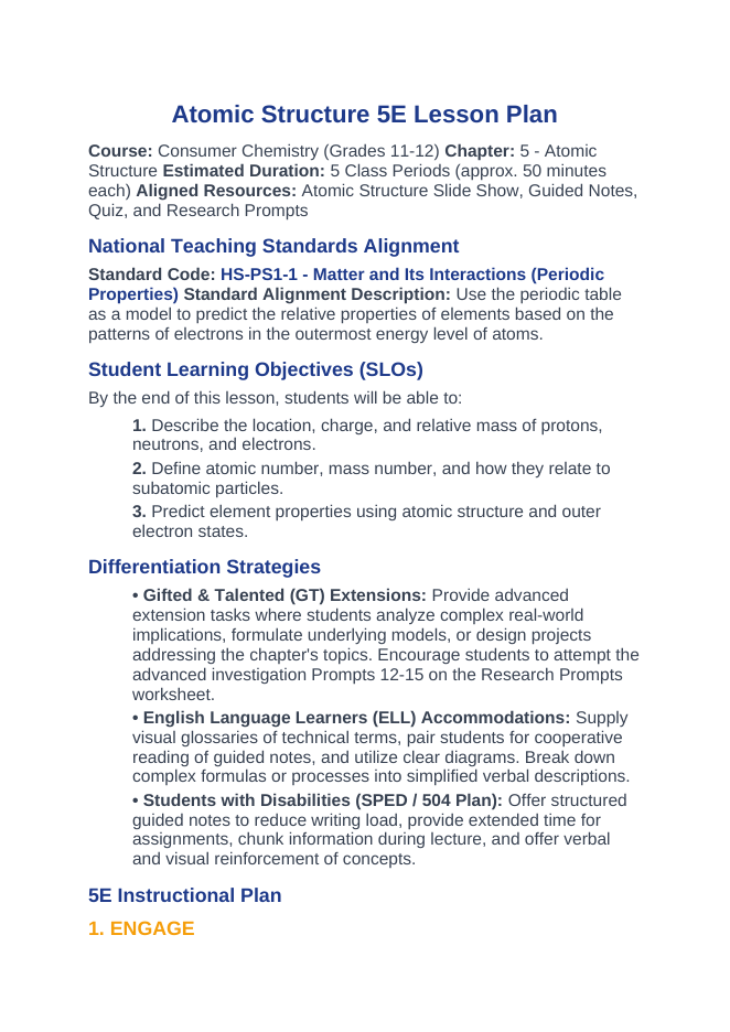 Atomic Structure 5E Lesson Plan sample page