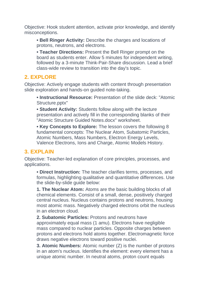 Atomic Structure 5E Lesson Plan sample page