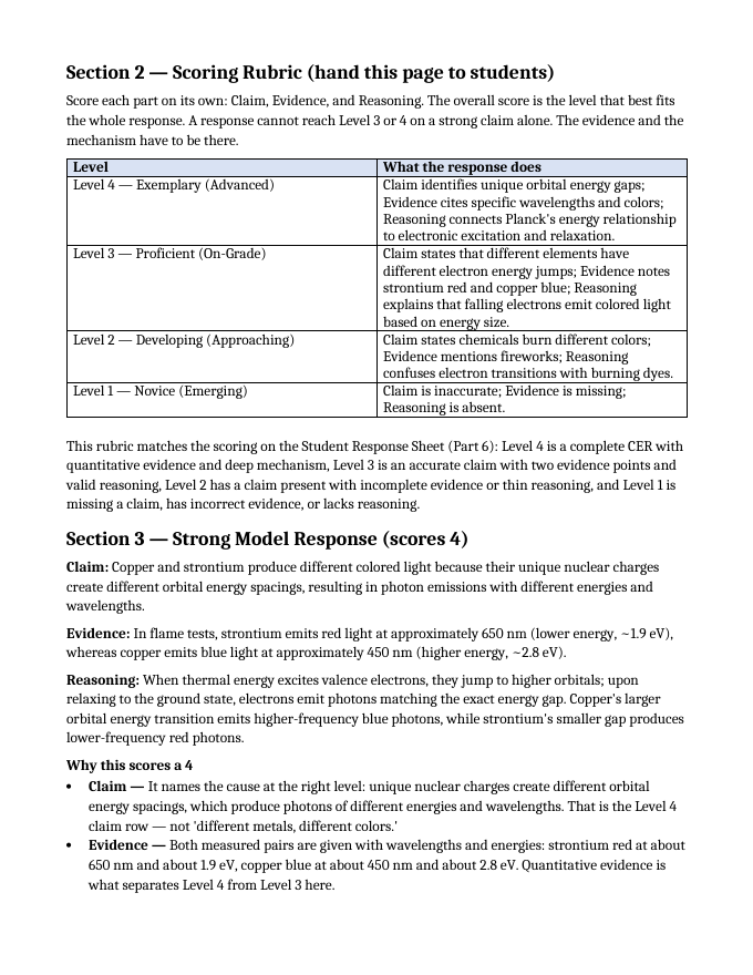 Atomic Structure Model Response & Scoring Guide sample page