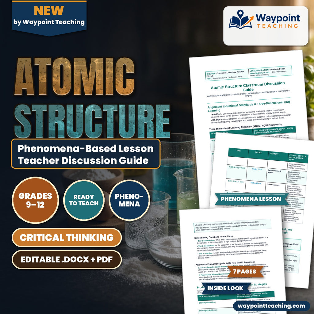 Atomic Structure Phenomena-Based Lesson: Brilliant Crimson, Emerald, and Gold Fireworks Illuminating the Night Sky Through Electron Quantum Jumps Teacher Discussion Guide cover