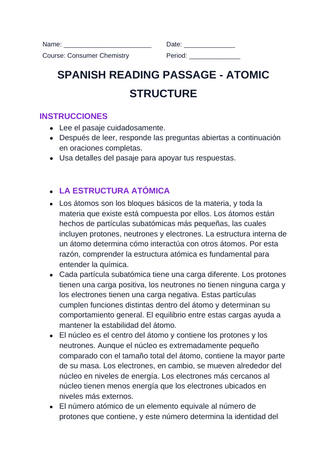 Atomic Structure Spanish Reading Passage & Comprehension Questions sample page