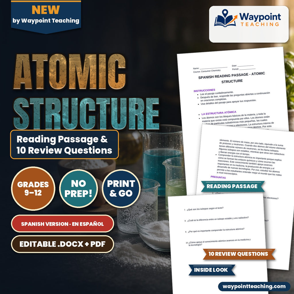 Atomic Structure Spanish Reading Passage & Comprehension Questions cover