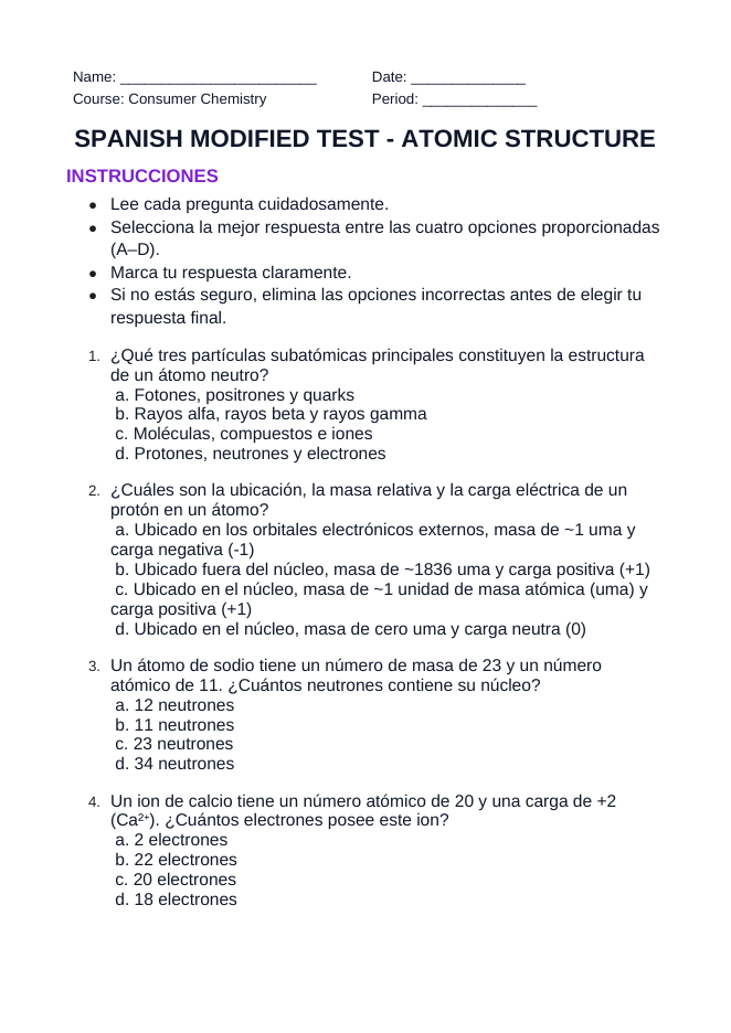 Atomic Structure Spanish Unit Test sample page