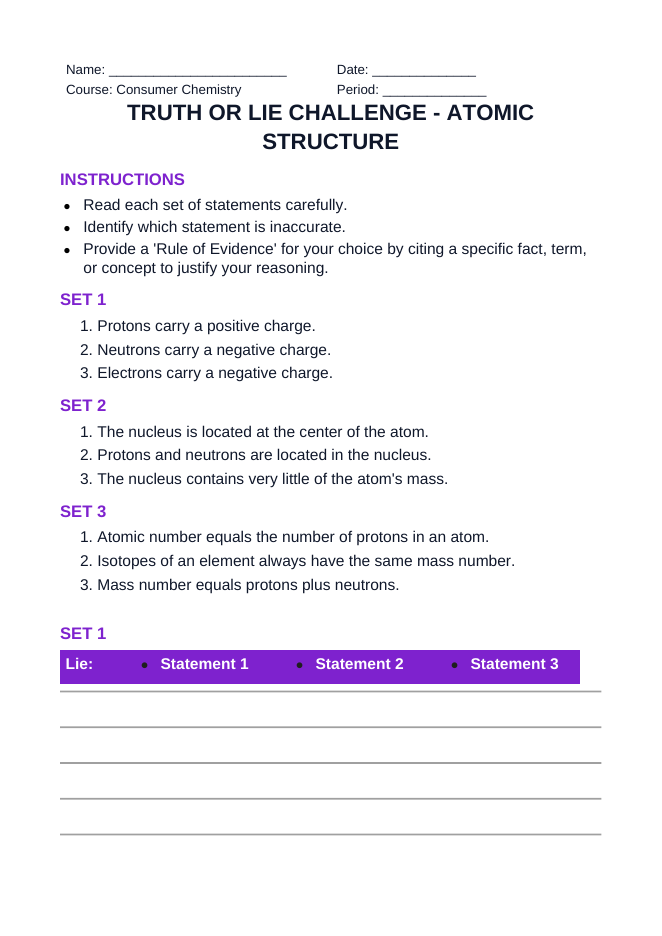 Atomic Structure Truth or Lie Challenge sample page