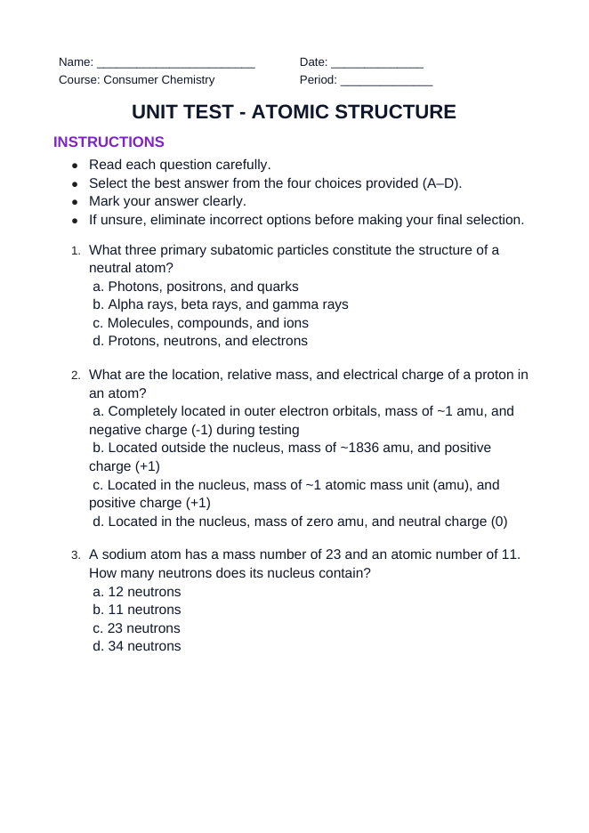 Atomic Structure Unit Test sample page