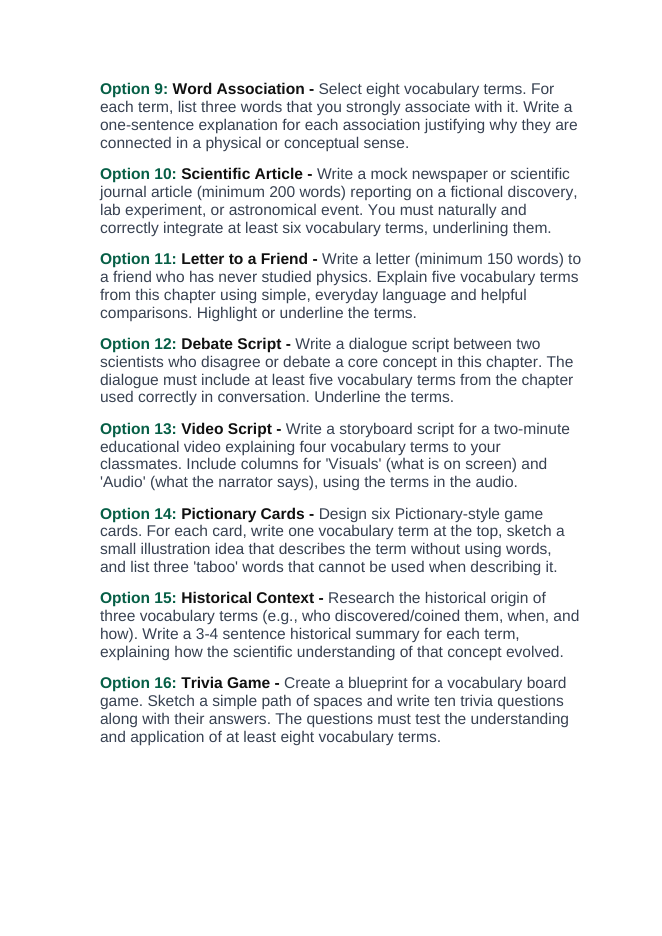 Atomic Structure Vocabulary Choice Board sample page