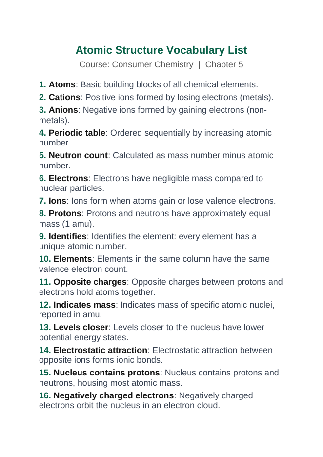 Atomic Structure Vocabulary Words & Definitions sample page