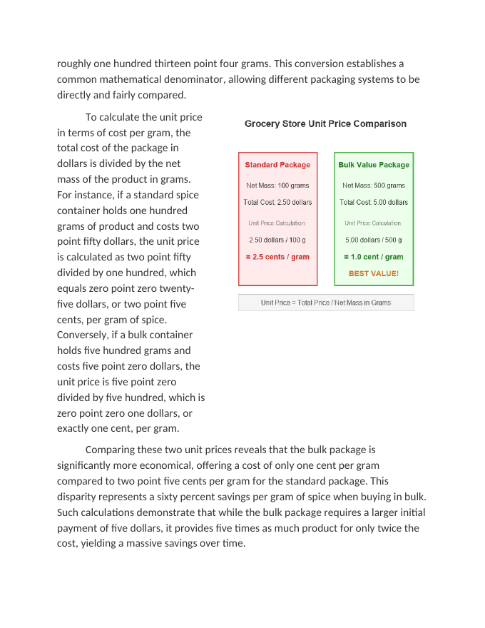 Calculating Cost per Gram in Bulk Grocery Shopping Reading Worksheet sample page