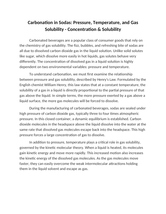 Carbonation in Sodas: Pressure, Temperature, and Gas Solubility Reading Worksheet sample page