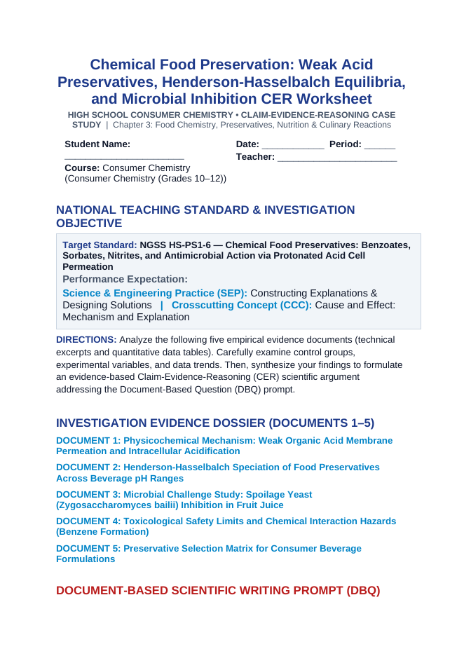 Chemical Food Preservation: Weak Acid Preservatives, Henderson-Hasselbalch Equilibria, and Microbial Inhibition CER Phenomena Worksheet sample page