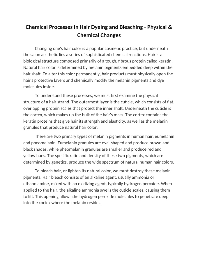Chemical Processes in Hair Dyeing and Bleaching Reading Worksheet sample page