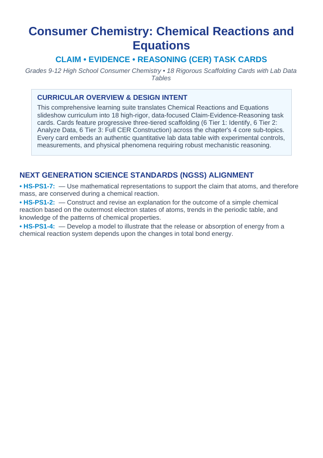 Chemical Reactions & Equations CER Task Cards sample page