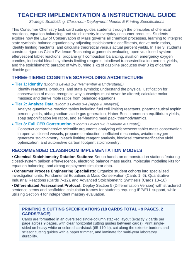 Chemical Reactions & Equations CER Task Cards sample page