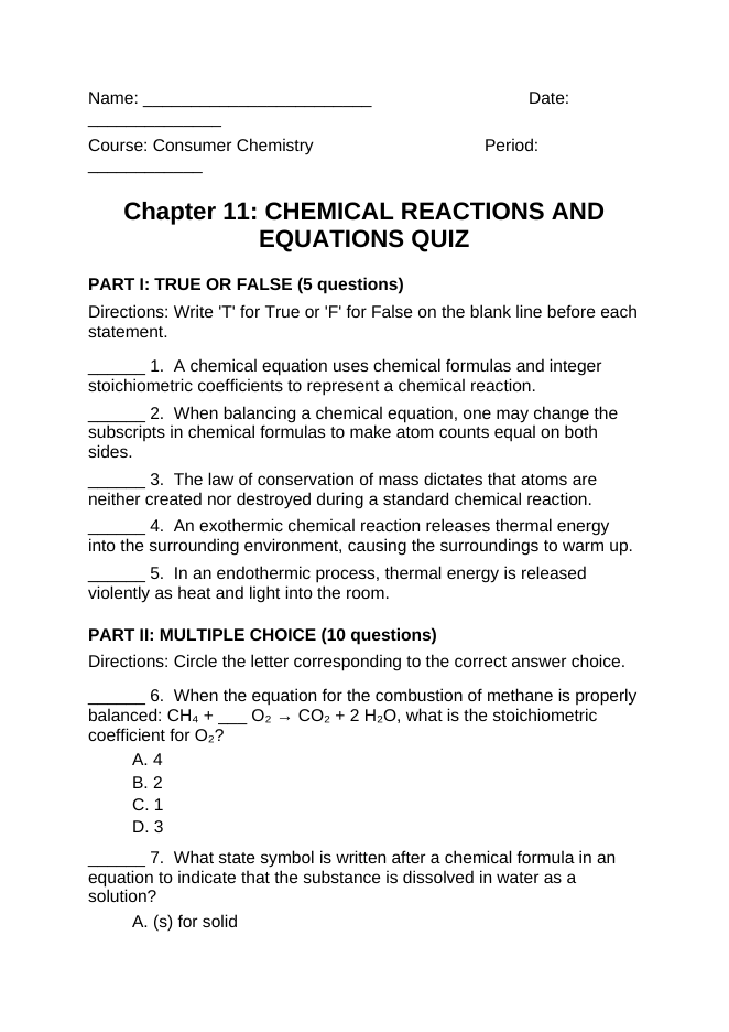 Chemical Reactions & Equations Lesson Quiz sample page