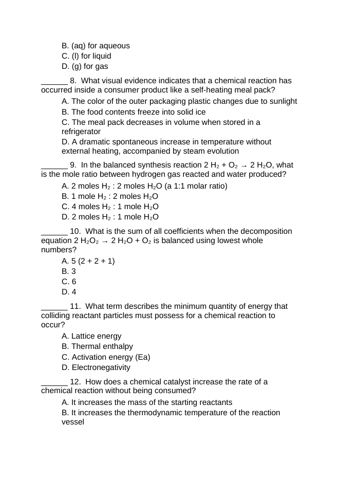 Chemical Reactions & Equations Lesson Quiz sample page