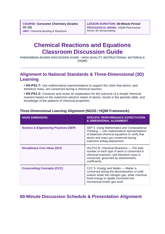 Chemical Reactions & Equations Phenomena-Based Lesson: Explosive Millisecond Deployment of Automobile Airbags from Solid Sodium Azide Pellets Teacher Discussion Guide sample page