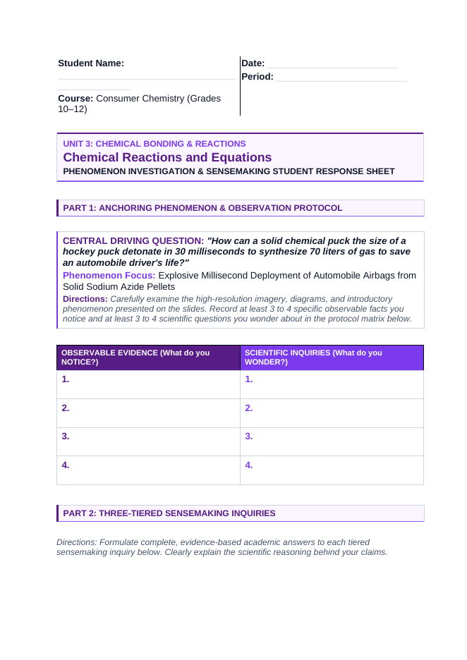 Chemical Reactions & Equations Phenomena-Based Lesson: Explosive Millisecond Deployment of Automobile Airbags from Solid Sodium Azide Pellets Student Response Sheet sample page