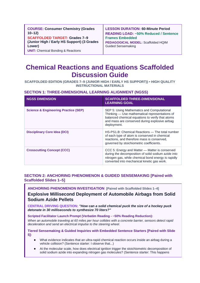 Chemical Reactions & Equations Scaffolded Phenomena-Based Lesson: Explosive Millisecond Deployment of Automobile Airbags from Solid Sodium Azide Pellets Teacher Discussion Guide sample page