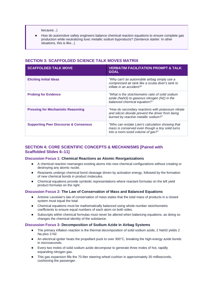 Chemical Reactions & Equations Scaffolded Phenomena-Based Lesson: Explosive Millisecond Deployment of Automobile Airbags from Solid Sodium Azide Pellets Teacher Discussion Guide sample page