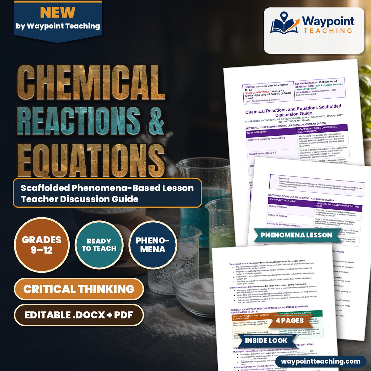 Chemical Reactions & Equations Scaffolded Phenomena-Based Lesson: Explosive Millisecond Deployment of Automobile Airbags from Solid Sodium Azide Pellets Teacher Discussion Guide cover