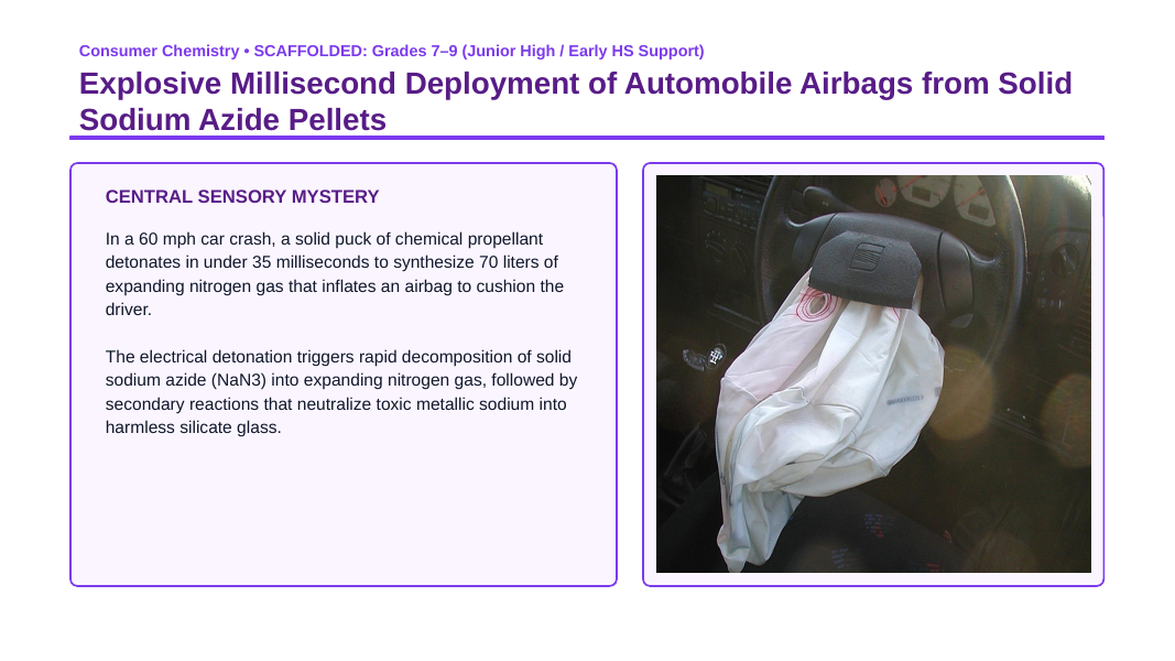 Chemical Reactions & Equations Scaffolded Phenomena-Based Lesson: Explosive Millisecond Deployment of Automobile Airbags from Solid Sodium Azide Pellets Presentation sample page