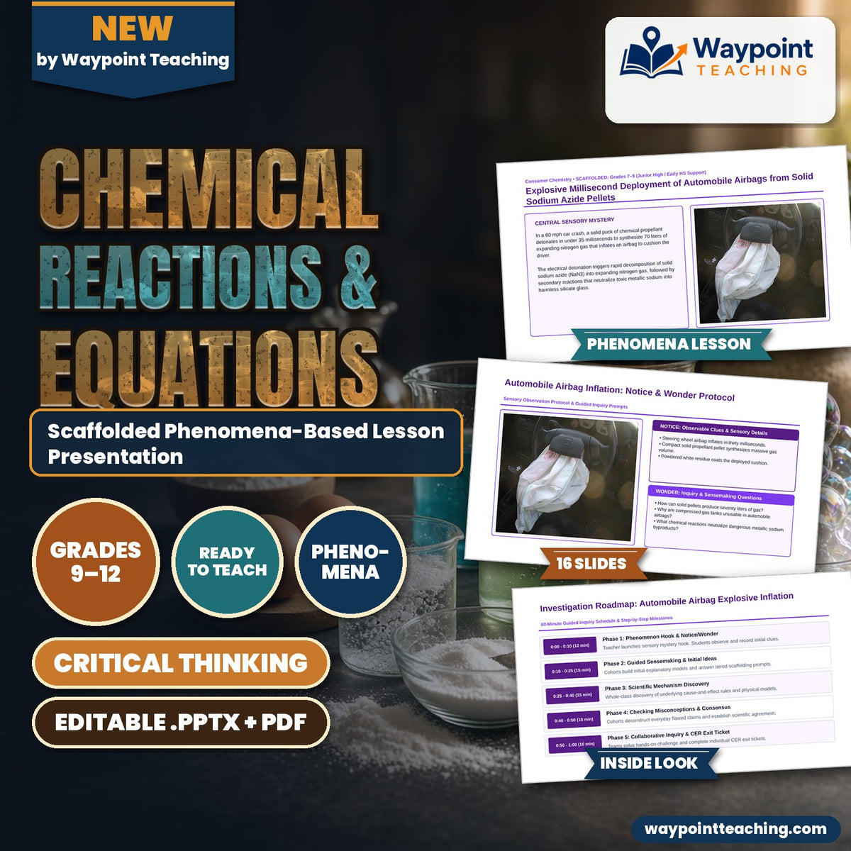 Chemical Reactions & Equations Scaffolded Phenomena-Based Lesson: Explosive Millisecond Deployment of Automobile Airbags from Solid Sodium Azide Pellets Presentation cover