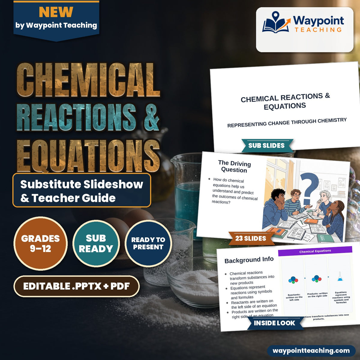 Chemical Reactions & Equations Substitute Slideshow & Teacher Guide cover