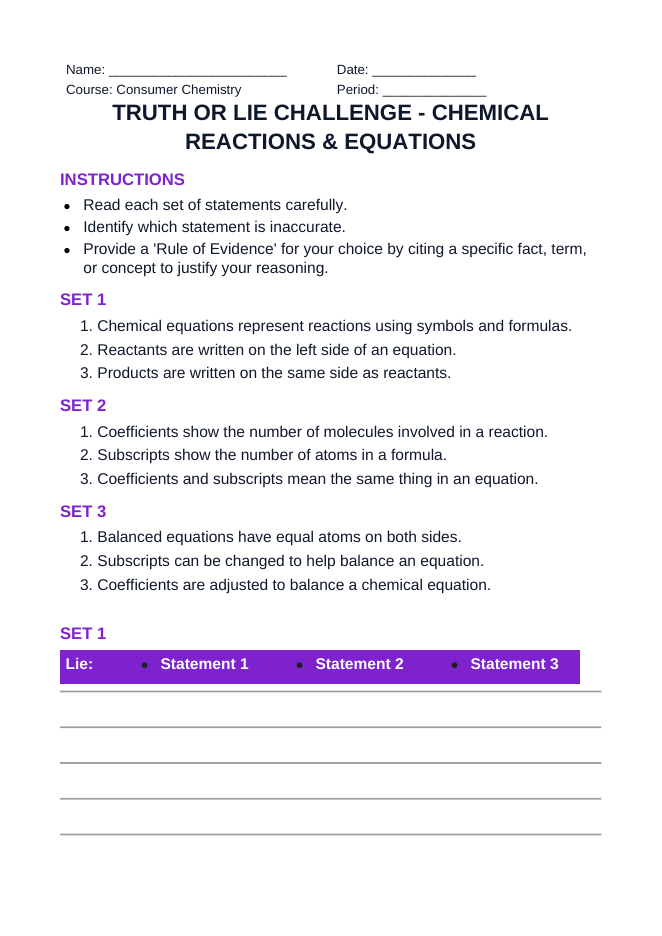 Chemical Reactions & Equations Truth or Lie Challenge sample page