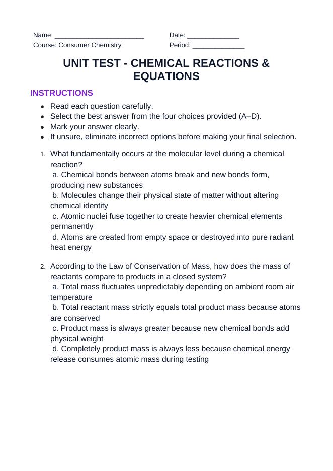 Chemical Reactions & Equations Unit Test sample page