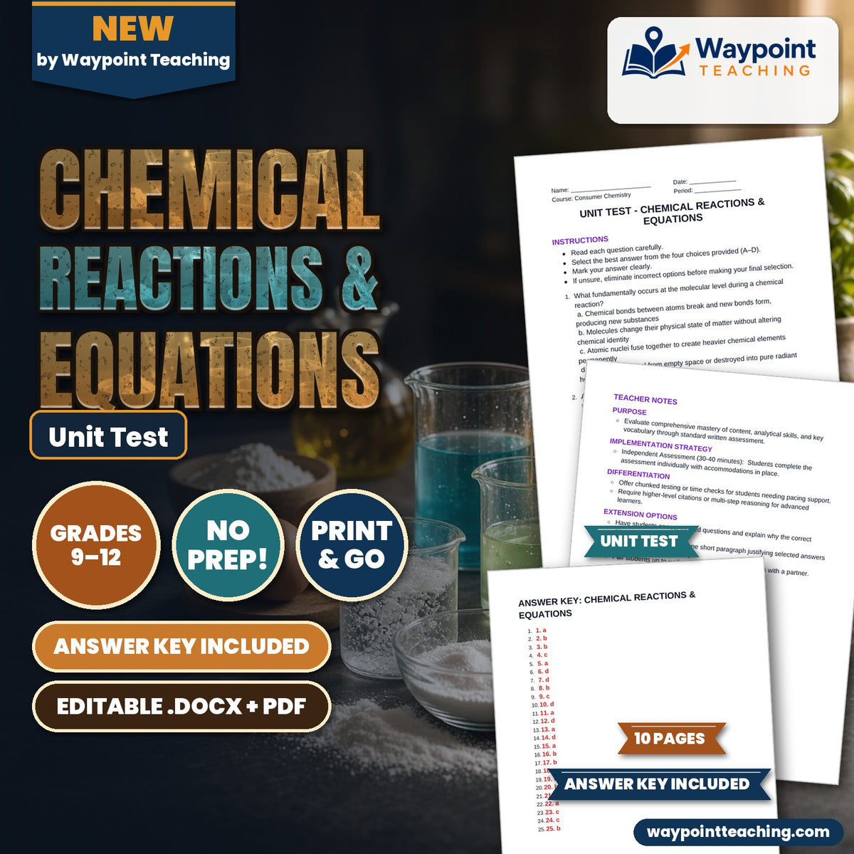 Chemical Reactions & Equations Unit Test cover