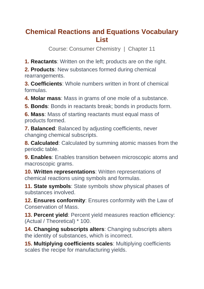 Chemical Reactions & Equations Vocabulary Words & Definitions sample page