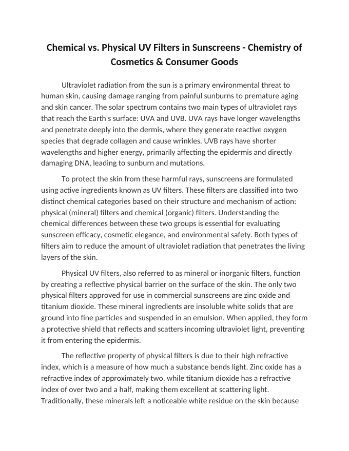 Chemical vs. Physical UV Filters in Sunscreens Reading Worksheet sample page