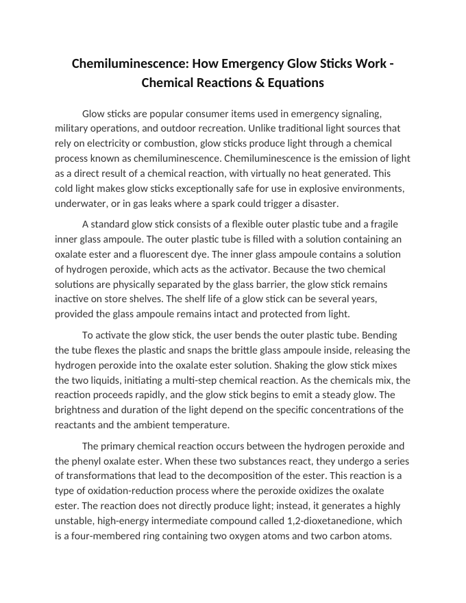 Chemiluminescence: How Emergency Glow Sticks Work Reading Worksheet sample page
