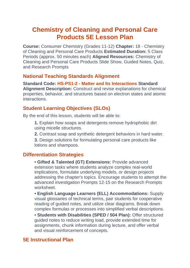 Chemistry of Cleaning & Personal Care Products 5E Lesson Plan sample page