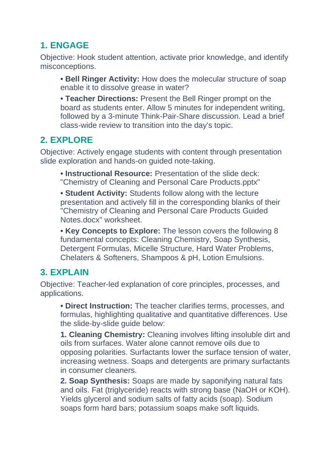 Chemistry of Cleaning & Personal Care Products 5E Lesson Plan sample page
