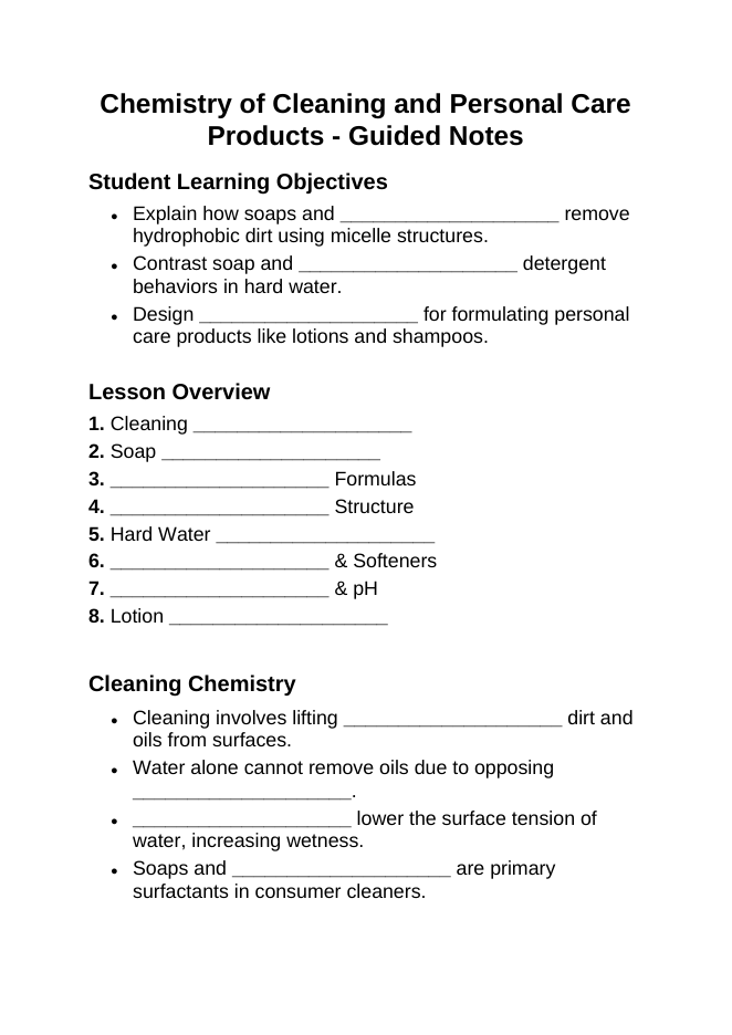 Chemistry of Cleaning & Personal Care Products Guided Notes sample page