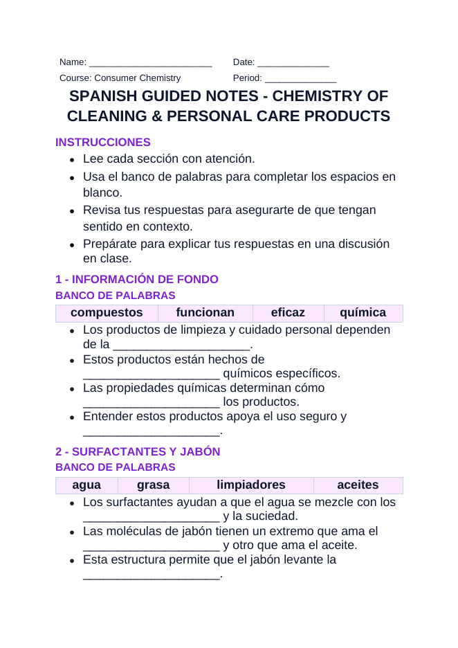 Chemistry of Cleaning & Personal Care Products Spanish Guided Notes sample page