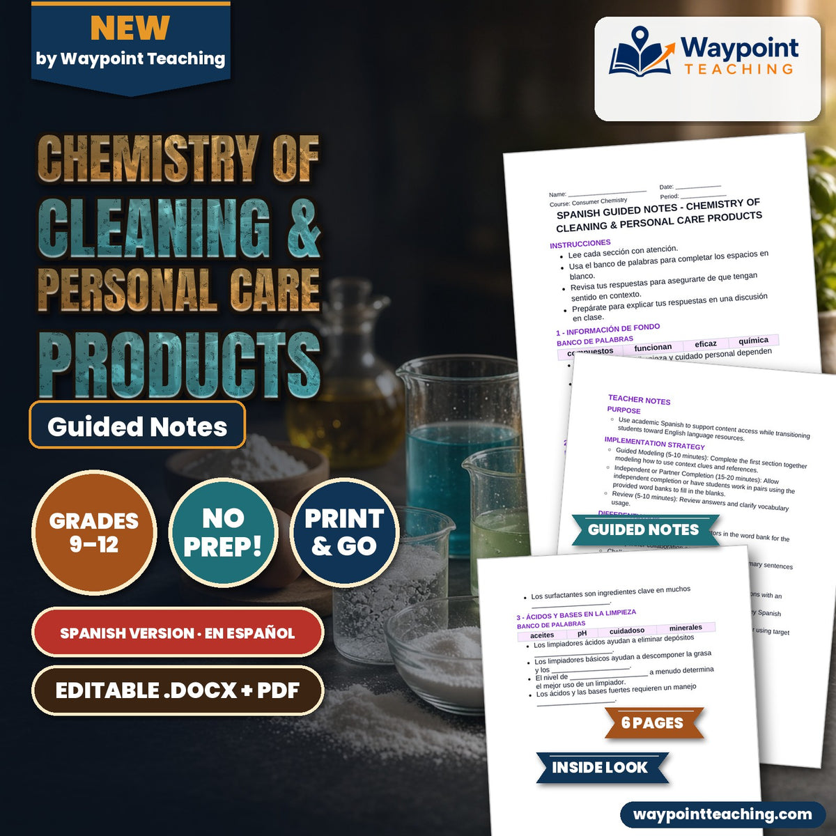 Chemistry of Cleaning & Personal Care Products Spanish Guided Notes cover