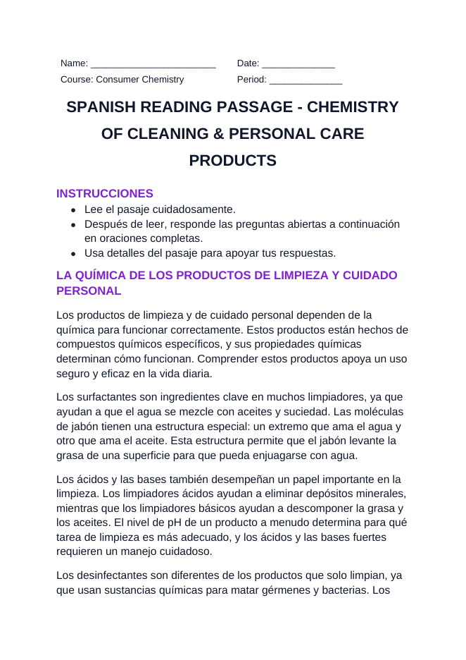 Chemistry of Cleaning & Personal Care Products Spanish Reading Passage & Comprehension Questions sample page