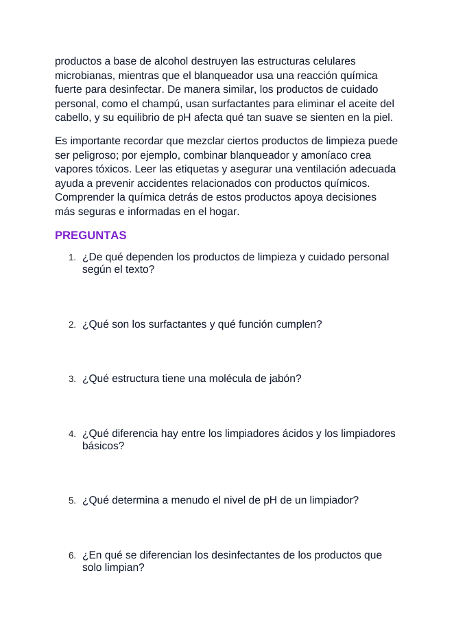 Chemistry of Cleaning & Personal Care Products Spanish Reading Passage & Comprehension Questions sample page