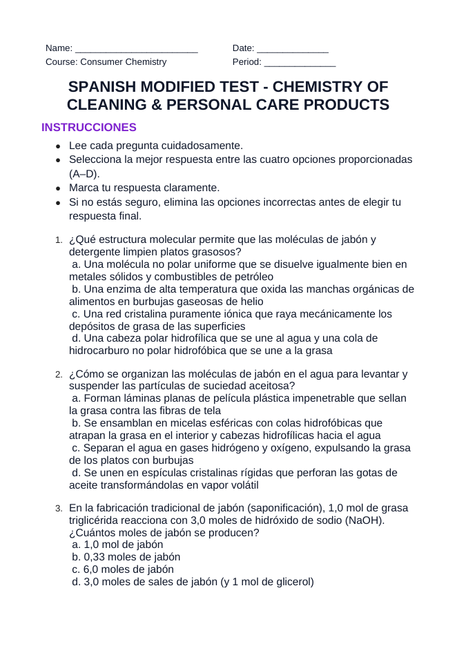 Chemistry of Cleaning & Personal Care Products Spanish Unit Test sample page