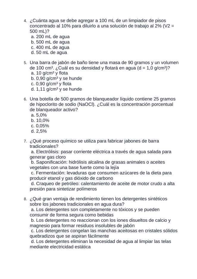 Chemistry of Cleaning & Personal Care Products Spanish Unit Test sample page