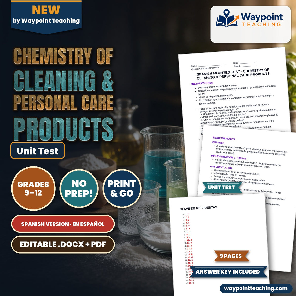 Chemistry of Cleaning & Personal Care Products Spanish Unit Test cover