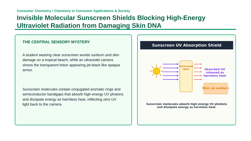 Chemistry of Cosmetics & Consumer Goods Phenomena-Based Lesson: Invisible Molecular Sunscreen Shields Blocking High-Energy Ultraviolet Radiation from Damaging Skin DNA Presentation sample page