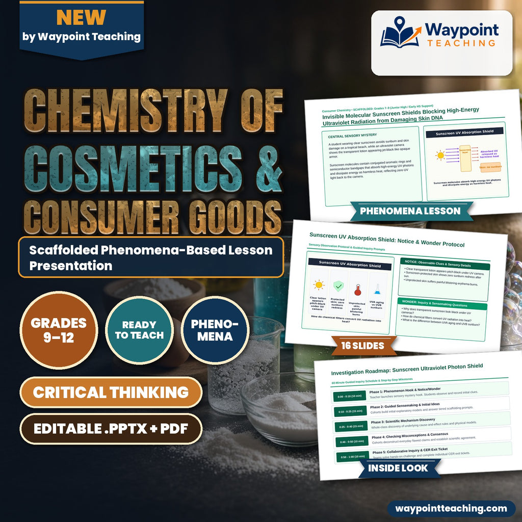 Chemistry of Cosmetics & Consumer Goods Scaffolded Phenomena-Based Lesson: Invisible Molecular Sunscreen Shields Blocking High-Energy Ultraviolet Radiation from Damaging Skin DNA Presentation cover