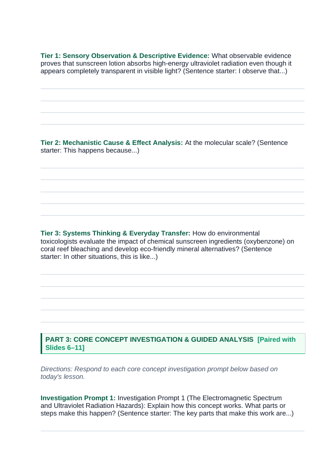 Chemistry of Cosmetics & Consumer Goods Scaffolded Phenomena-Based Lesson: Invisible Molecular Sunscreen Shields Blocking High-Energy Ultraviolet Radiation from Damaging Skin DNA Student Response Sheet sample page