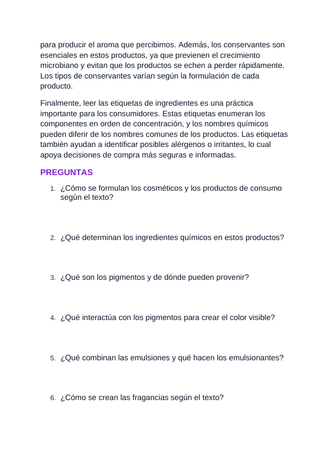 Chemistry of Cosmetics & Consumer Goods Spanish Reading Passage & Comprehension Questions sample page