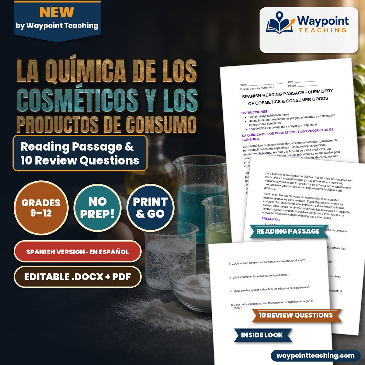 Chemistry of Cosmetics & Consumer Goods Spanish Reading Passage & Comprehension Questions cover