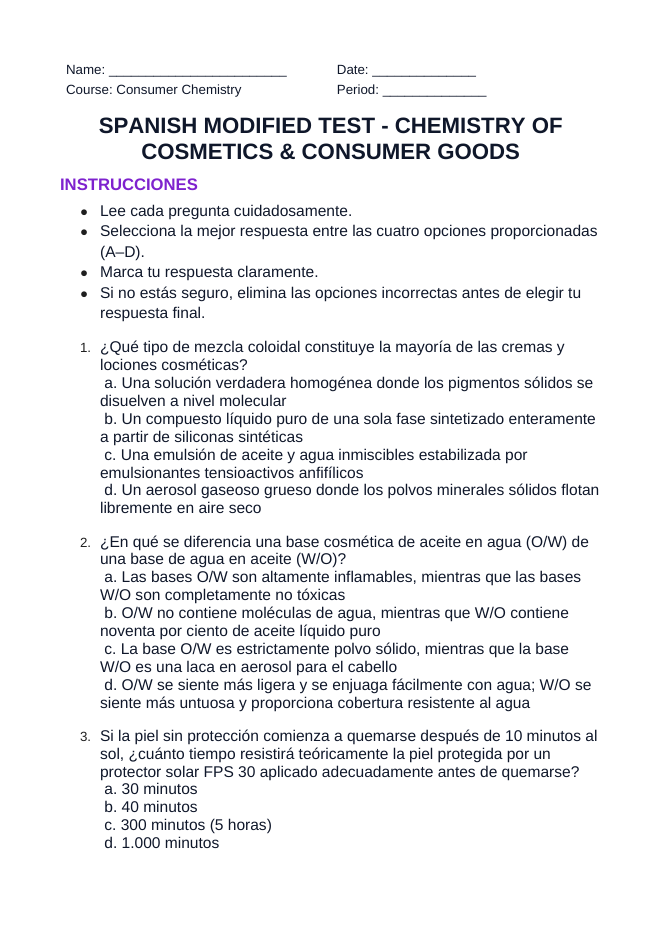 Chemistry of Cosmetics & Consumer Goods Spanish Unit Test sample page
